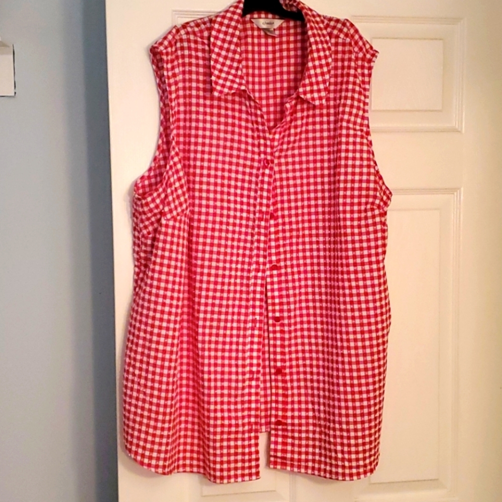 Red and white checked sleeveless cotton shirt